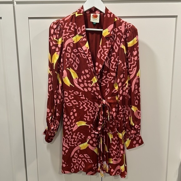 Farm Rio Toucanissimo Long Sleeve Print Beaded Tie Wrap Dress SMALL - Picture 6 of 16